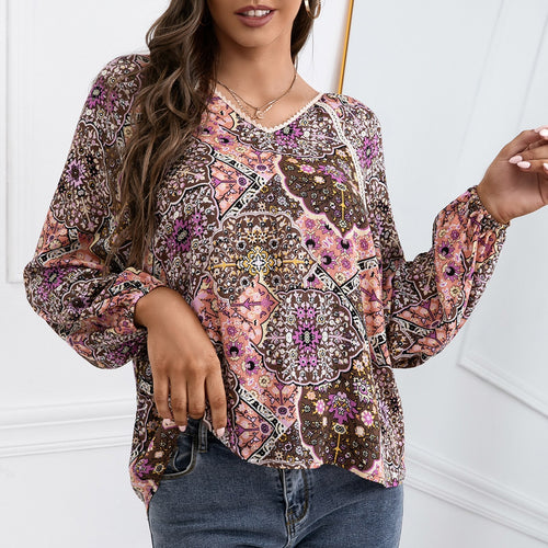 Vintage Print Blouse Women 2021 Autumn Sexy V-Neck Long Sleeve Plus Size Office Elegant Ladies Shirts Casual Tops And Blouses