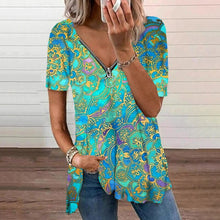 Load image into Gallery viewer, Vintage Print Blouses Women 2021 Tops Summer Zipper V-neck Blouse Shirt Women&#39;s Tunic Casual Loose Blusas Mujer