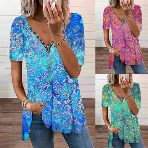 Vintage Print Blouses Women 2021 Tops Summer Zipper V-neck Blouse Shirt Women's Tunic Casual Loose Blusas Mujer