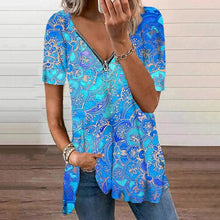 Load image into Gallery viewer, Vintage Print Blouses Women 2021 Tops Summer Zipper V-neck Blouse Shirt Women&#39;s Tunic Casual Loose Blusas Mujer