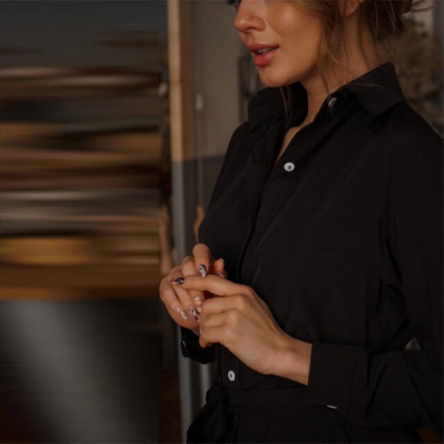 Vintage Solid Sashes Shirt Dress Women Turn-Down Collar Button Long Sleeve Dress New Fashion Autumn Elegant Pocket Midi Dresses