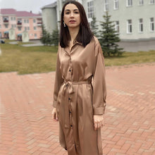 Load image into Gallery viewer, Vintage Solid Sashes Shirt Dress Women Turn-Down Collar Button Long Sleeve Dress New Fashion Autumn Elegant Pocket Midi Dresses