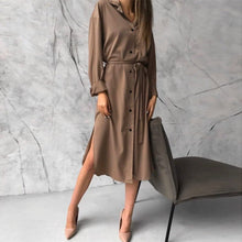 Load image into Gallery viewer, Vintage Solid Sashes Shirt Dress Women Turn-Down Collar Button Long Sleeve Dress New Fashion Autumn Elegant Pocket Midi Dresses