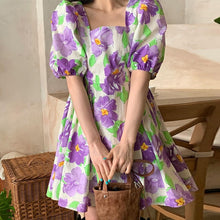 Load image into Gallery viewer, Vintage Square Neck Puff Sleeve Floral Women's Dress Slim Waist Loose Korean Style Robe Femme Elegant Sweet Summer 2022 Vestidos