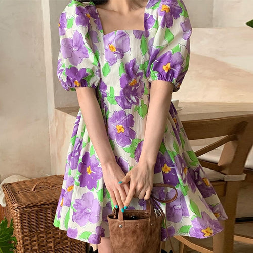 Vintage Square Neck Puff Sleeve Floral Women's Dress Slim Waist Loose Korean Style Robe Femme Elegant Sweet Summer 2022 Vestidos