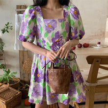 Load image into Gallery viewer, Vintage Square Neck Puff Sleeve Floral Women's Dress Slim Waist Loose Korean Style Robe Femme Elegant Sweet Summer 2022 Vestidos
