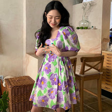 Load image into Gallery viewer, Vintage Square Neck Puff Sleeve Floral Women's Dress Slim Waist Loose Korean Style Robe Femme Elegant Sweet Summer 2022 Vestidos