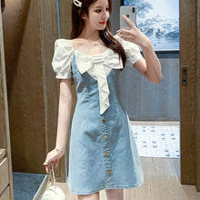 Load image into Gallery viewer, Vintage Sweet White Bowknot Patchwork Denim Dress Summer Women Elegant Square Collar Puff Sleeve High Waist A Line Dress