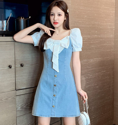 Vintage Sweet White Bowknot Patchwork Denim Dress Summer Women Elegant Square Collar Puff Sleeve High Waist A Line Dress
