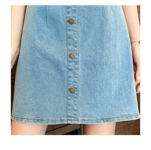 Load image into Gallery viewer, Vintage Sweet White Bowknot Patchwork Denim Dress Summer Women Elegant Square Collar Puff Sleeve High Waist A Line Dress