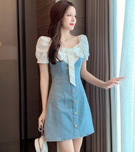 Load image into Gallery viewer, Vintage Sweet White Bowknot Patchwork Denim Dress Summer Women Elegant Square Collar Puff Sleeve High Waist A Line Dress
