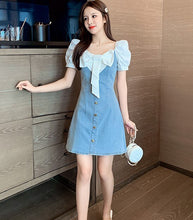 Load image into Gallery viewer, Vintage Sweet White Bowknot Patchwork Denim Dress Summer Women Elegant Square Collar Puff Sleeve High Waist A Line Dress