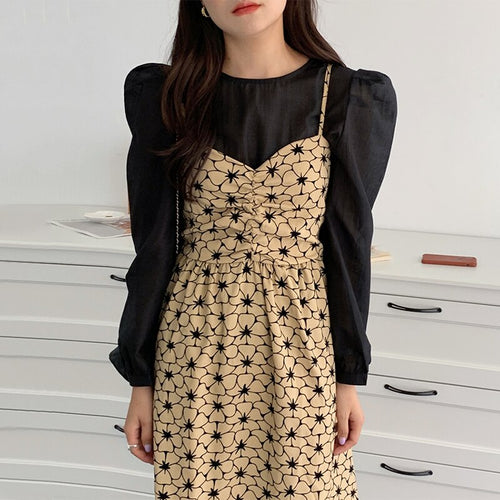 Vintage V Neck Floral Dress Women Korean Style Chic Sweet Autumn 2022 Robe Femme Elegant Sweet All Match Casual Vestidos Mujer