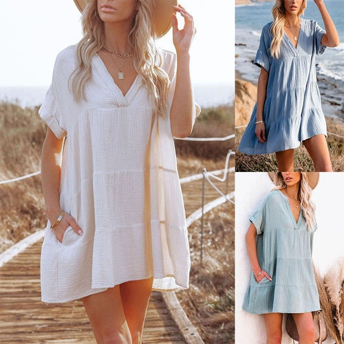 Vintage V Neck Mini Dress Women 2021 Elegant High Waist A-Line Dresses Casual Spring Summer Short Sleeve Loose Sundress Vestido
