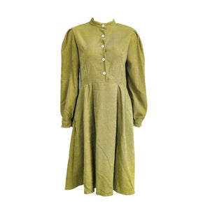 Vintage Women Corduroy Dress Casual Lantern Sleeve Stand Collar Button Folds Dresses 2021 Autumn Winter A-Line Party Midi Dress