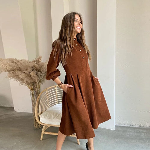 Vintage Women Corduroy Dress Casual Lantern Sleeve Stand Collar Button Folds Dresses 2021 Autumn Winter A-Line Party Midi Dress
