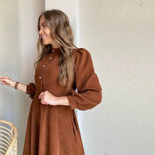 Load image into Gallery viewer, Vintage Women Corduroy Dress Casual Lantern Sleeve Stand Collar Button Folds Dresses 2021 Autumn Winter A-Line Party Midi Dress