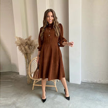 Load image into Gallery viewer, Vintage Women Corduroy Dress Casual Lantern Sleeve Stand Collar Button Folds Dresses 2021 Autumn Winter A-Line Party Midi Dress