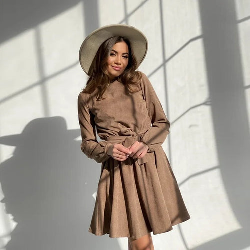 Vintage Women Corduroy Dress Casual Long Sleeve O neck Sashes A-line Mini Dress 2021 Autumn Winter Fashion Elegant Party Dresses