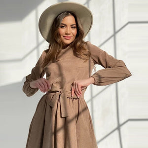 Vintage Women Corduroy Dress Casual Long Sleeve O neck Sashes A-line Mini Dress 2021 Autumn Winter Fashion Elegant Party Dresses