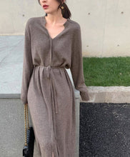 Load image into Gallery viewer, Vintage Women Knitted Dress Autumn Winter V-Neck Warm Long Sweater Drawstring Lace-up Loose Midi Female Sweater Dress 2021