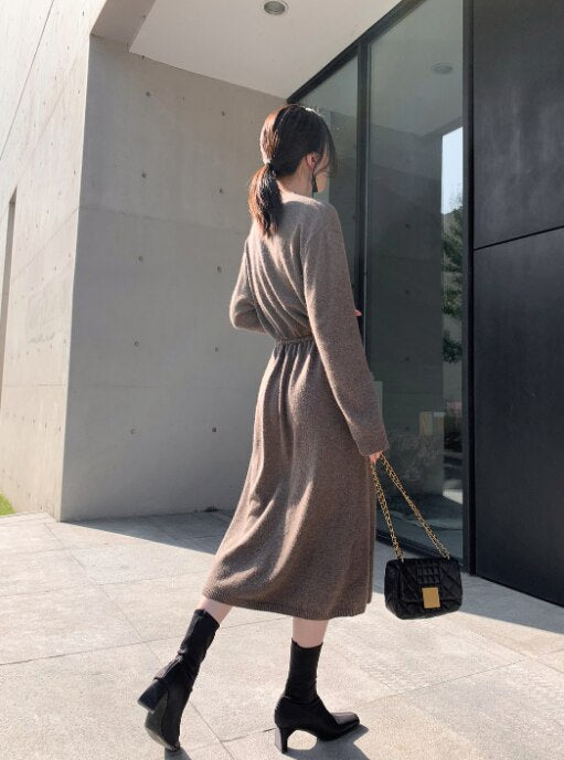 Vintage Women Knitted Dress Autumn Winter V-Neck Warm Long Sweater Drawstring Lace-up Loose Midi Female Sweater Dress 2021