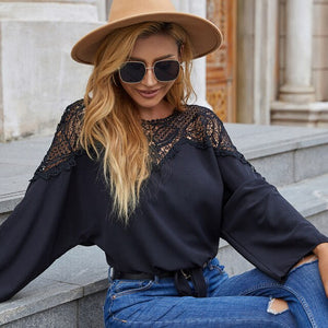 Vintage Women Lace Black Blouse Long Sleeve Tie Knot Loose Fit Fashion Shirt Winter Solid Elegant Blouse Casual Fall Tunic Tops