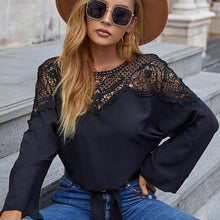 Load image into Gallery viewer, Vintage Women Lace Black Blouse Long Sleeve Tie Knot Loose Fit Fashion Shirt Winter Solid Elegant Blouse Casual Fall Tunic Tops