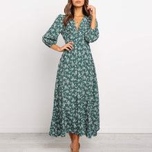 Load image into Gallery viewer, Vintage Women Long Dress V Neck Floral Print Woman Robe Female Lantern Sleeves Maxi Dress Autumn Buttons Female Vestidos Winter