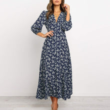 Load image into Gallery viewer, Vintage Women Long Dress V Neck Floral Print Woman Robe Female Lantern Sleeves Maxi Dress Autumn Buttons Female Vestidos Winter