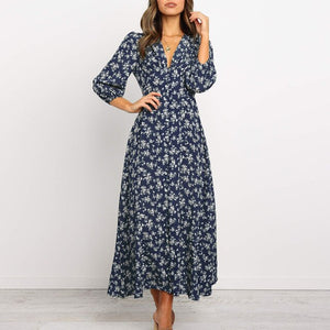 Vintage Women Long Dress V Neck Floral Print Woman Robe Female Lantern Sleeves Maxi Dress Autumn Buttons Female Vestidos Winter