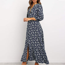 Load image into Gallery viewer, Vintage Women Long Dress V Neck Floral Print Woman Robe Female Lantern Sleeves Maxi Dress Autumn Buttons Female Vestidos Winter
