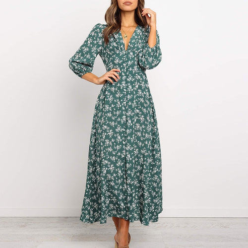Vintage Women Long Dress V Neck Floral Print Woman Robe Female Lantern Sleeves Maxi Dress Autumn Buttons Female Vestidos Winter
