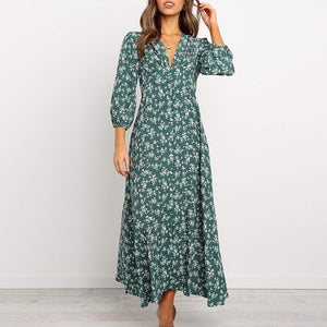 Vintage Women Long Dress V Neck Floral Print Woman Robe Female Lantern Sleeves Maxi Dress Autumn Buttons Female Vestidos Winter