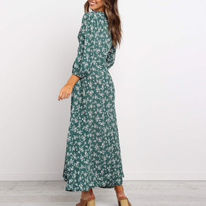 Vintage Women Long Dress V Neck Floral Print Woman Robe Female Lantern Sleeves Maxi Dress Autumn Buttons Female Vestidos Winter