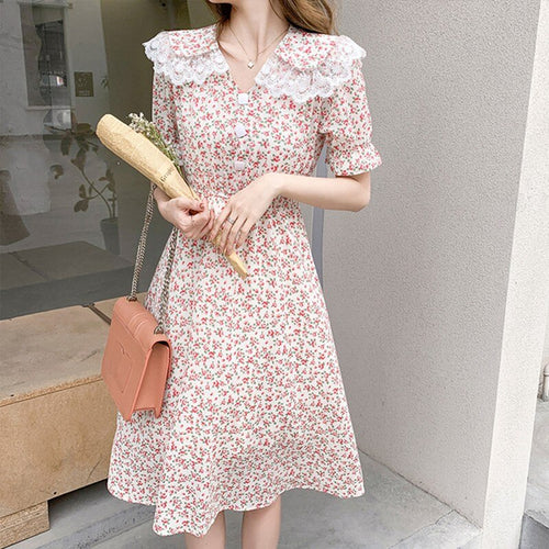 Vintage Women Summer Sweet Floral Lace Peter Pan Collar Chiffon Dress Vestido Fashion Boho Holiday A-line Casual Dress Robe