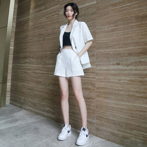 Vogue Loose Casual Shorts Blazer Suits Women's Sets 2 Pieces Short Sleeve Notched Collar Tops + Short Pants Business Outfits