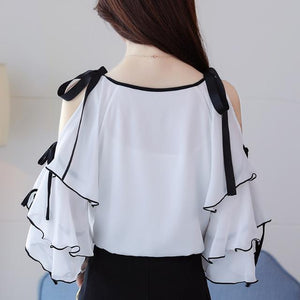 White And Black Ruffled Sleeve Chiffon Shirt Women's Summer 2021 New Bow Tie Blouse Students Lace Up Clothing