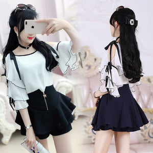 White And Black Ruffled Sleeve Chiffon Shirt Women's Summer 2021 New Bow Tie Blouse Students Lace Up Clothing