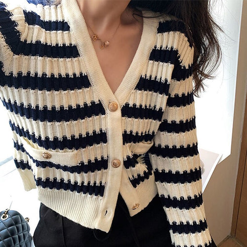 White Black Striped Short Cardigan Women Casual V Neck Slim Sweater Long Sleeve Button Crop Knit Top Autumn Winter 2021 Fashion