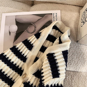 White Black Striped Short Cardigan Women Casual V Neck Slim Sweater Long Sleeve Button Crop Knit Top Autumn Winter 2021 Fashion