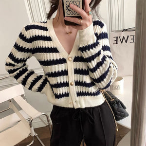 White Black Striped Short Cardigan Women Casual V Neck Slim Sweater Long Sleeve Button Crop Knit Top Autumn Winter 2021 Fashion