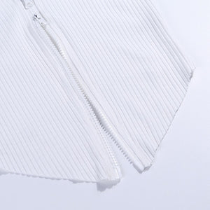 White Black Zip Up T-shirt Ribbed Knitted Long Sleeve Strech Lrregular Casual Sexy Women Spring Autumn Tops 2021 New Streetwear