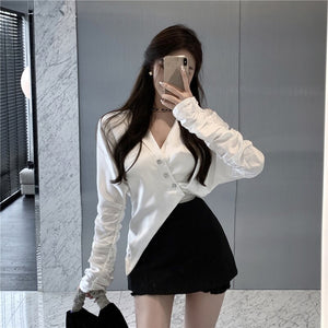 White Casual Elegant Blouse Autumn 2021 Long Sleeve France Korean Chic Blouse Women Irregular High Street Designer Clothing 2021