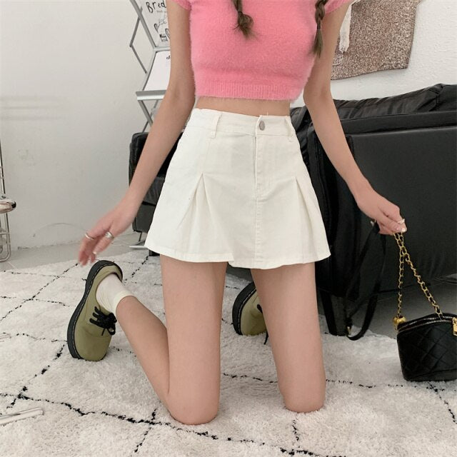 White Denim Skirt Women 2021 Autumn and Winter High Waist Simple Anti-Emptied Pantskirt All-Match Pleated A- line Skirt