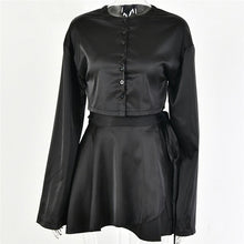 Load image into Gallery viewer, White Elegant Satin 2 Two Piece Set Women Lantern Long Sleeve Crop Tops Cardigan Sexy High Waist Mini Tennis Sport Skirts New