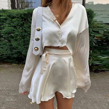 Load image into Gallery viewer, White Elegant Satin 2 Two Piece Set Women Lantern Long Sleeve Crop Tops Cardigan Sexy High Waist Mini Tennis Sport Skirts New