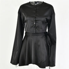 Load image into Gallery viewer, White Elegant Satin 2 Two Piece Set Women Lantern Long Sleeve Crop Tops Cardigan Sexy High Waist Mini Tennis Sport Skirts New