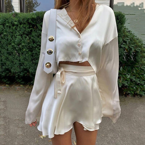 White Elegant Satin 2 Two Piece Set Women Lantern Long Sleeves Crop Tops Cardigan Sexy High Waist Mini Tennis Sports Skirts 2022