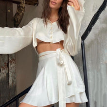 Load image into Gallery viewer, White Elegant Satin 2 Two Piece Set Women Lantern Long Sleeves Crop Tops Cardigan Sexy High Waist Mini Tennis Sports Skirts 2022